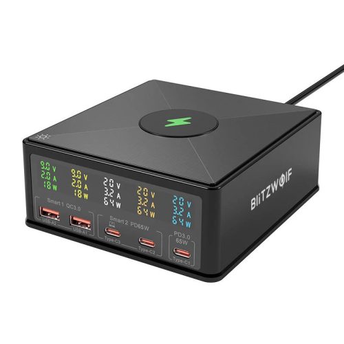 Caricabatterie rapido USB PD+QC3.0 desktop BlitzWolf® 868H da 160 W, 3x Type-C + 2x USB-A + porta di ricarica wireless Qi