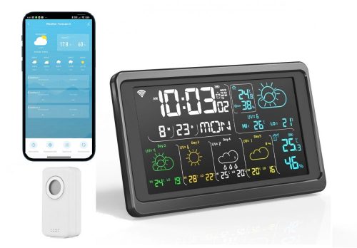 RSH® Weather01 WiFi - Stazione meteorologica intelligente. Visualizzazione temperatura, umidità, previsioni meteo per 5 giorni, indice UV, velocità del vento, sveglia, ecc...