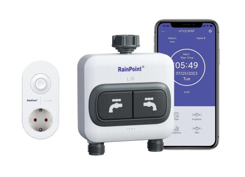 RainPoint® - Set sistema di irrigazione intelligente a 2 valvole per il montaggio su un rubinetto da giardino (valvola + HUB) - con applicazione, controllabile via Internet (HTV213+HWG004)